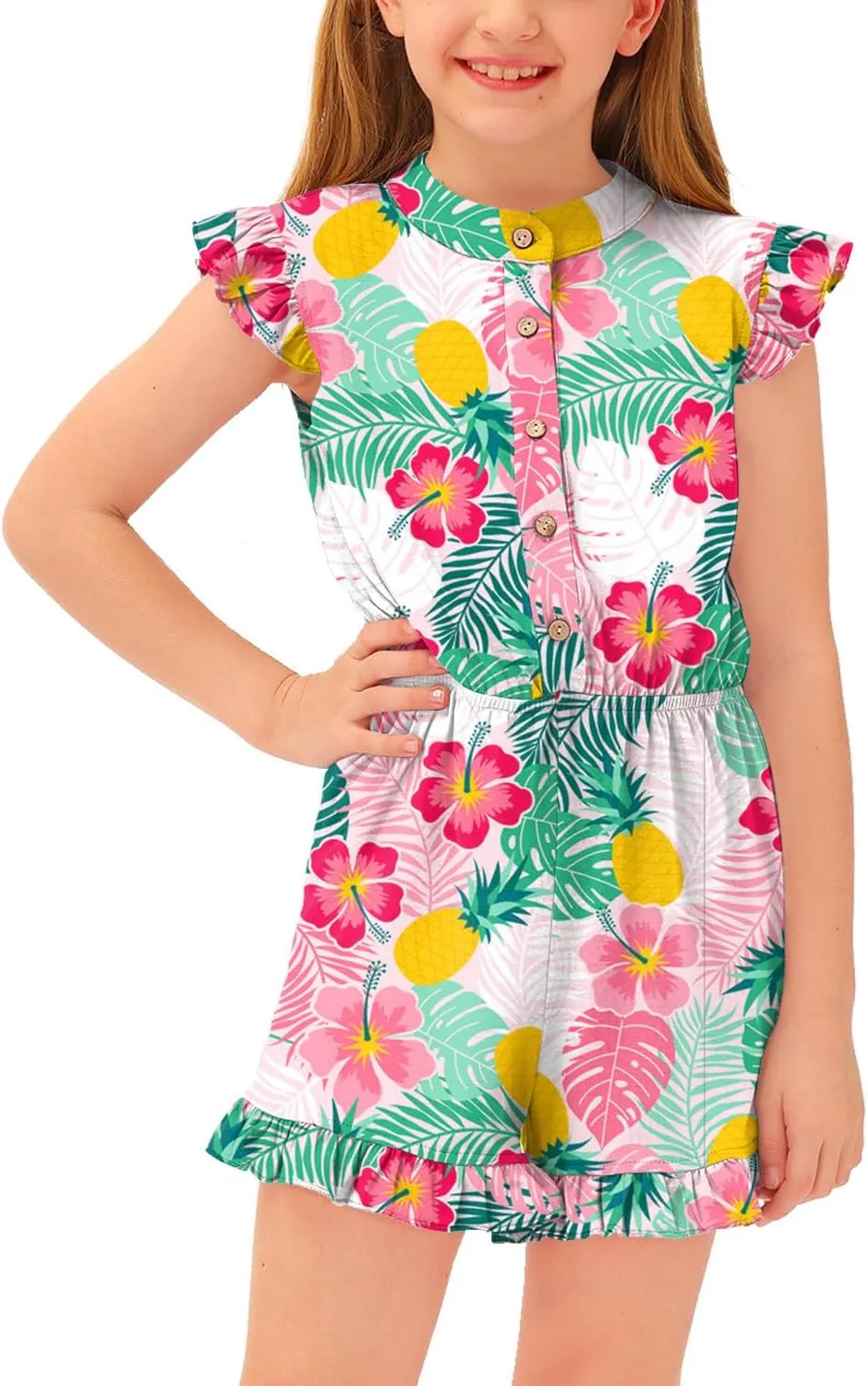 BesserBay Girl's Summer Ruffled Flutter-Sleeve Jumpsuit Button Down Crewneck Romper 5-14 Years
