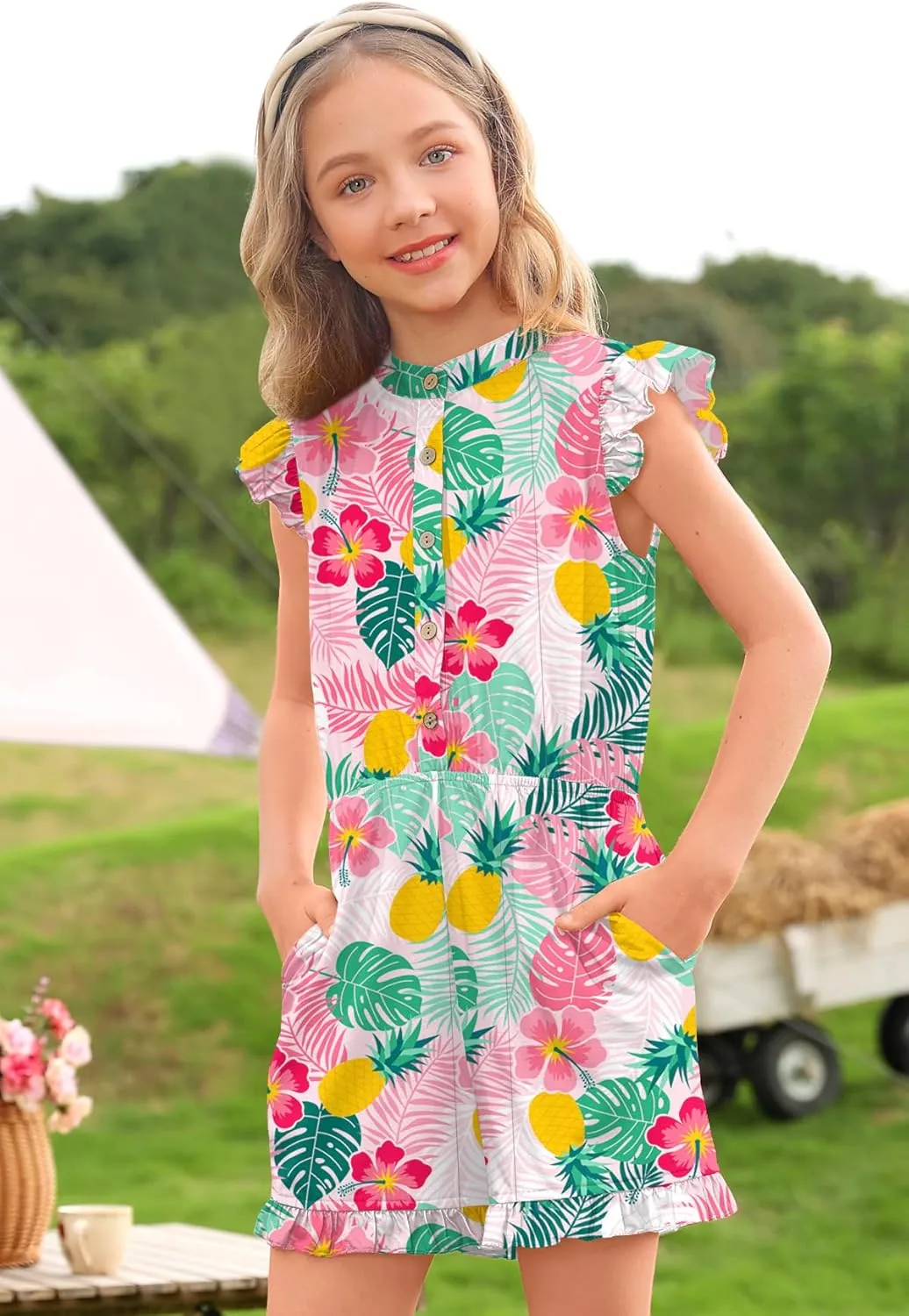 BesserBay Girl's Summer Ruffled Flutter-Sleeve Jumpsuit Button Down Crewneck Romper 5-14 Years