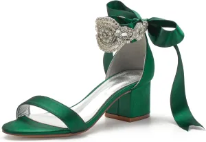 Block Heels Bride Wedding Pumps Bowknot Strap Bride Pumps Bridal Shoes Beaded Ankle Satin Sandals Open Toe Dress Evening Comfortable,Dark green,7