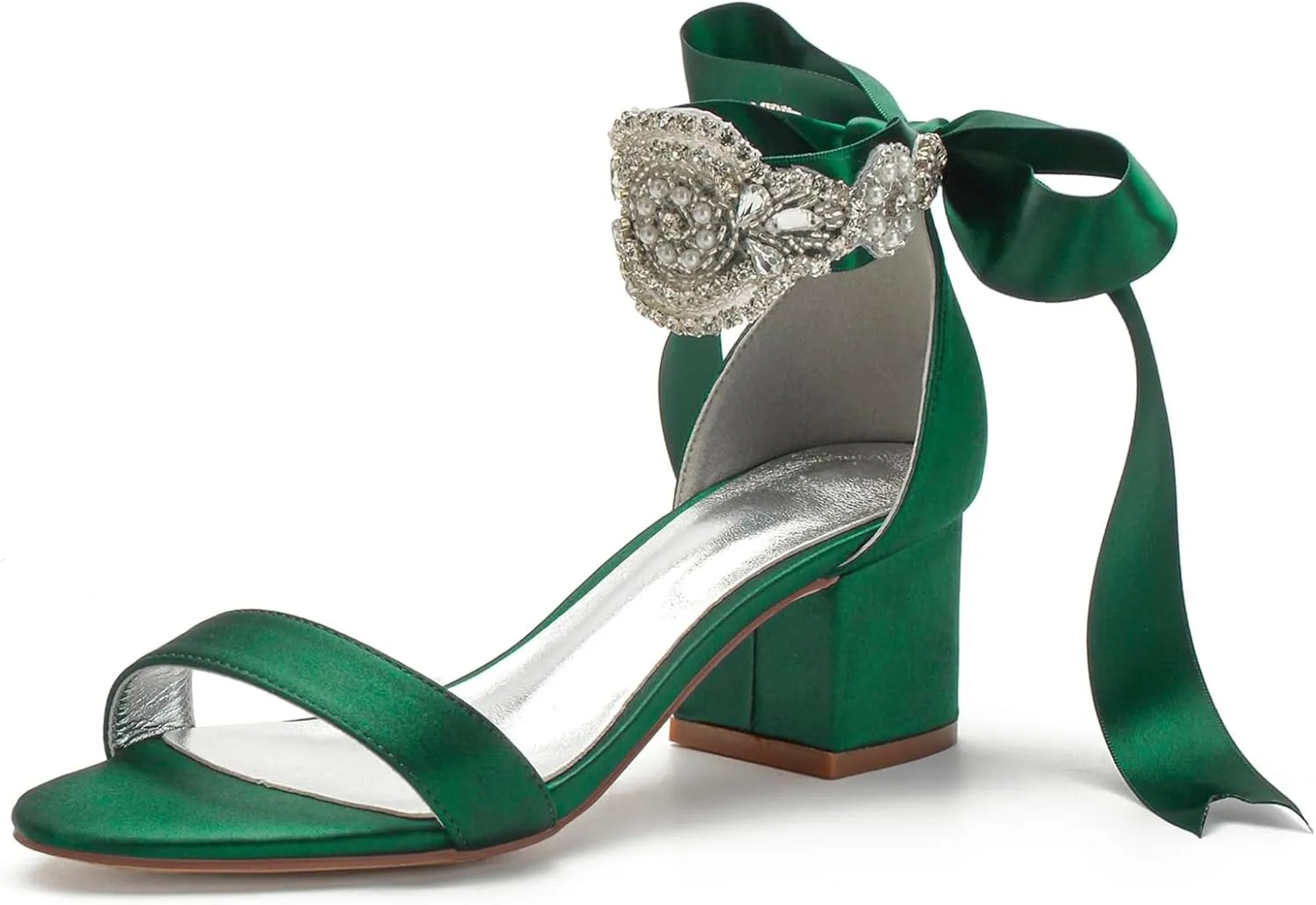 Block Heels Bride Wedding Pumps Bowknot Strap Bride Pumps Bridal Shoes Beaded Ankle Satin Sandals Open Toe Dress Evening Comfortable,Dark green,7