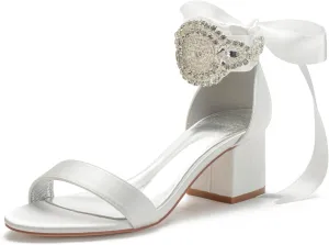 Block Heels Bride Wedding Pumps Bowknot Strap Bride Pumps Bridal Shoes Beaded Ankle Satin Sandals Open Toe Dress Evening Comfortable,Ivory,9