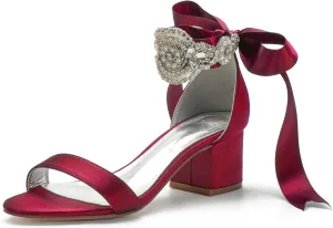 Block Heels Bride Wedding Pumps Bowknot Strap Bride Pumps Bridal Shoes Beaded Ankle Satin Sandals Open Toe Dress Evening Comfortable,Wine red,10