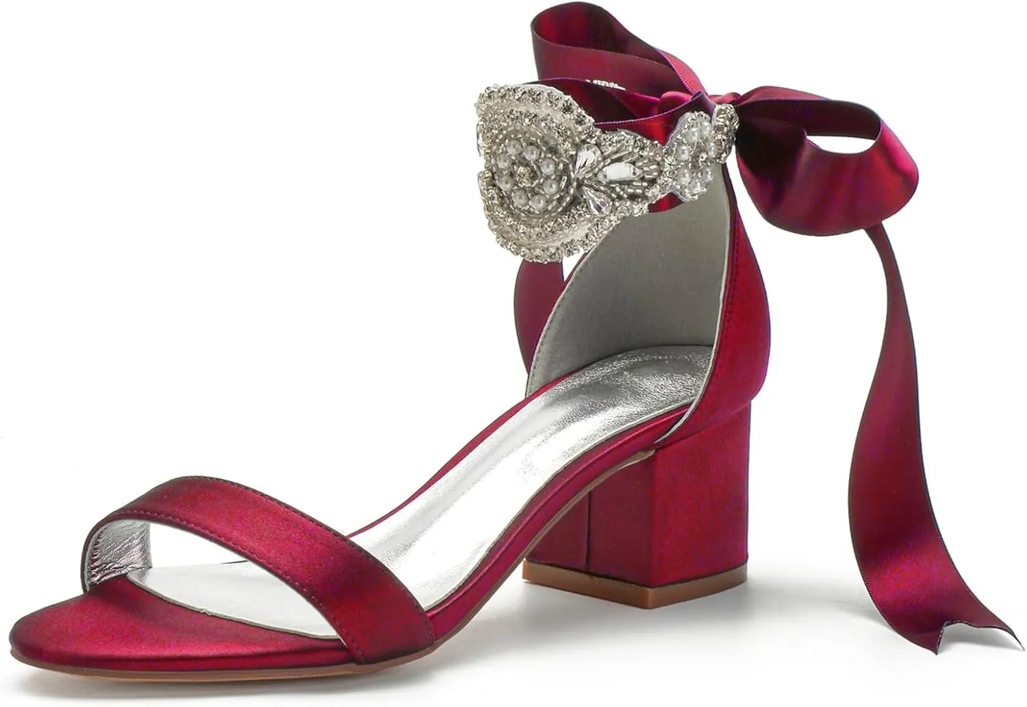 Block Heels Bride Wedding Pumps Bowknot Strap Bride Pumps Bridal Shoes Beaded Ankle Satin Sandals Open Toe Dress Evening Comfortable,Wine red,10