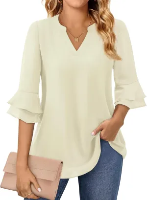 Blouse for Women Dressy Casual Spring Summer 3/4 Ruffle Sleeve Tops Double Layered Business Casual Tunic Work Shirts
