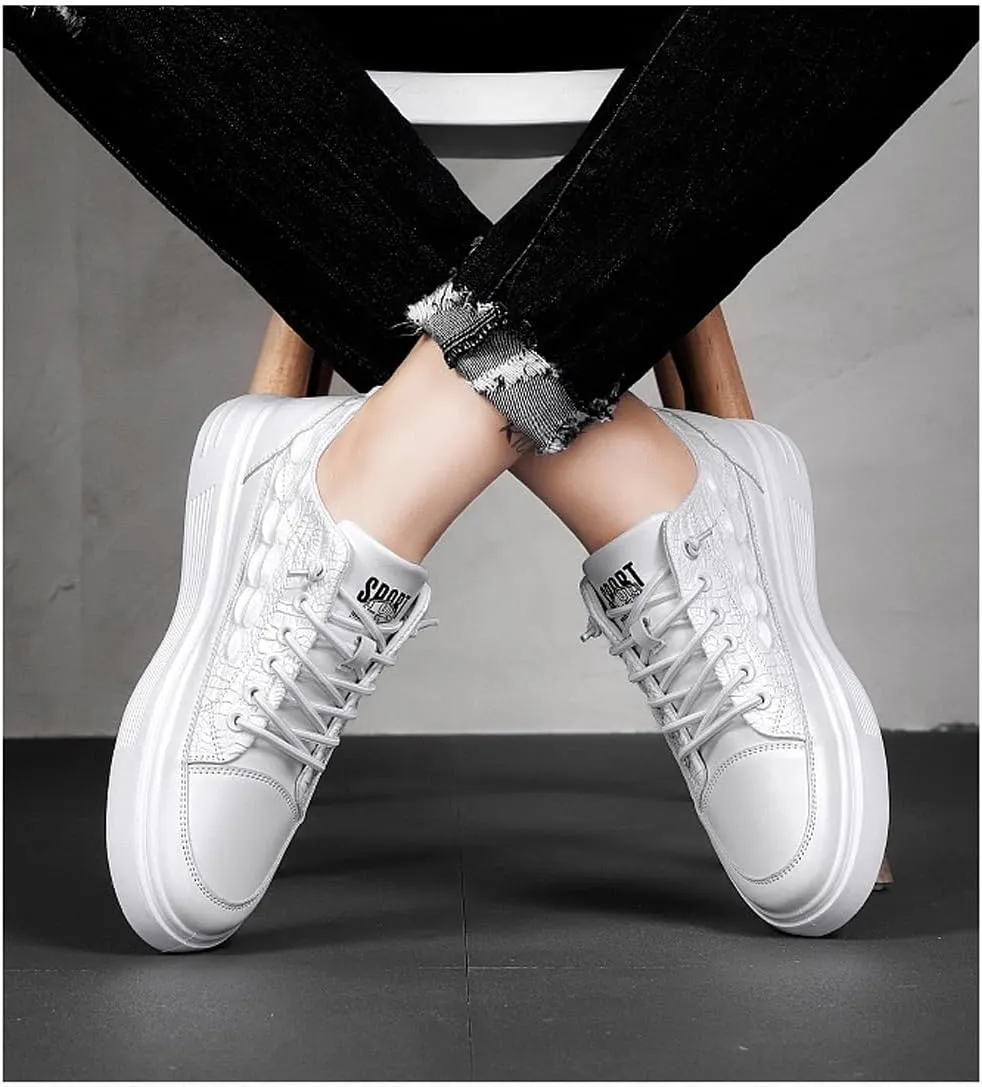 Boxpopla Men's Vegan Leather Elastic Lace-Up Casual Sneakers Low Top Crocodile Breathable Fashion Dress Men Walk Sports Shoes