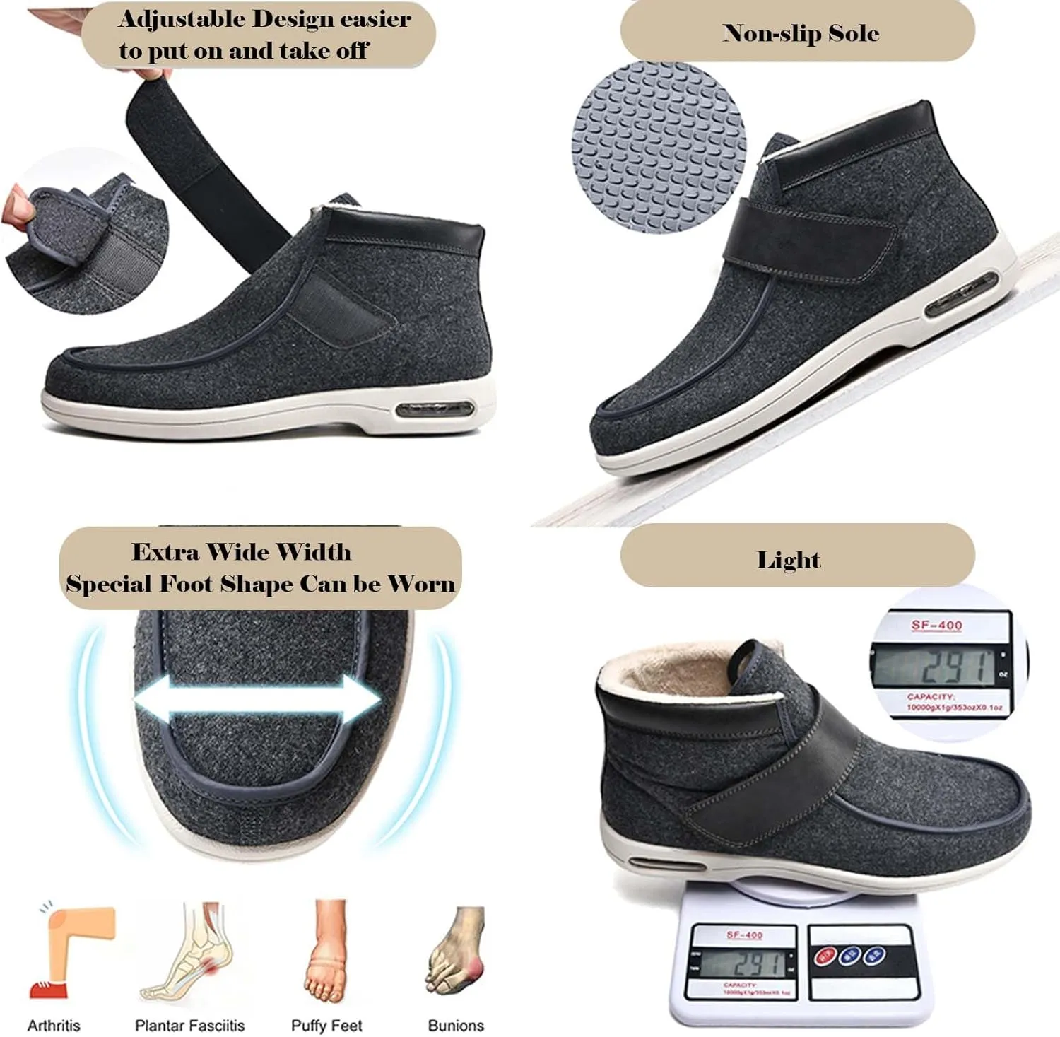 bumuam Men's Diabetic Shoes Wide Width Shoes,Men's Warm Wide Width Diabetic Shoes, Warm High-top Adjustable Closures Slippers for Elderly Arthritis Edema