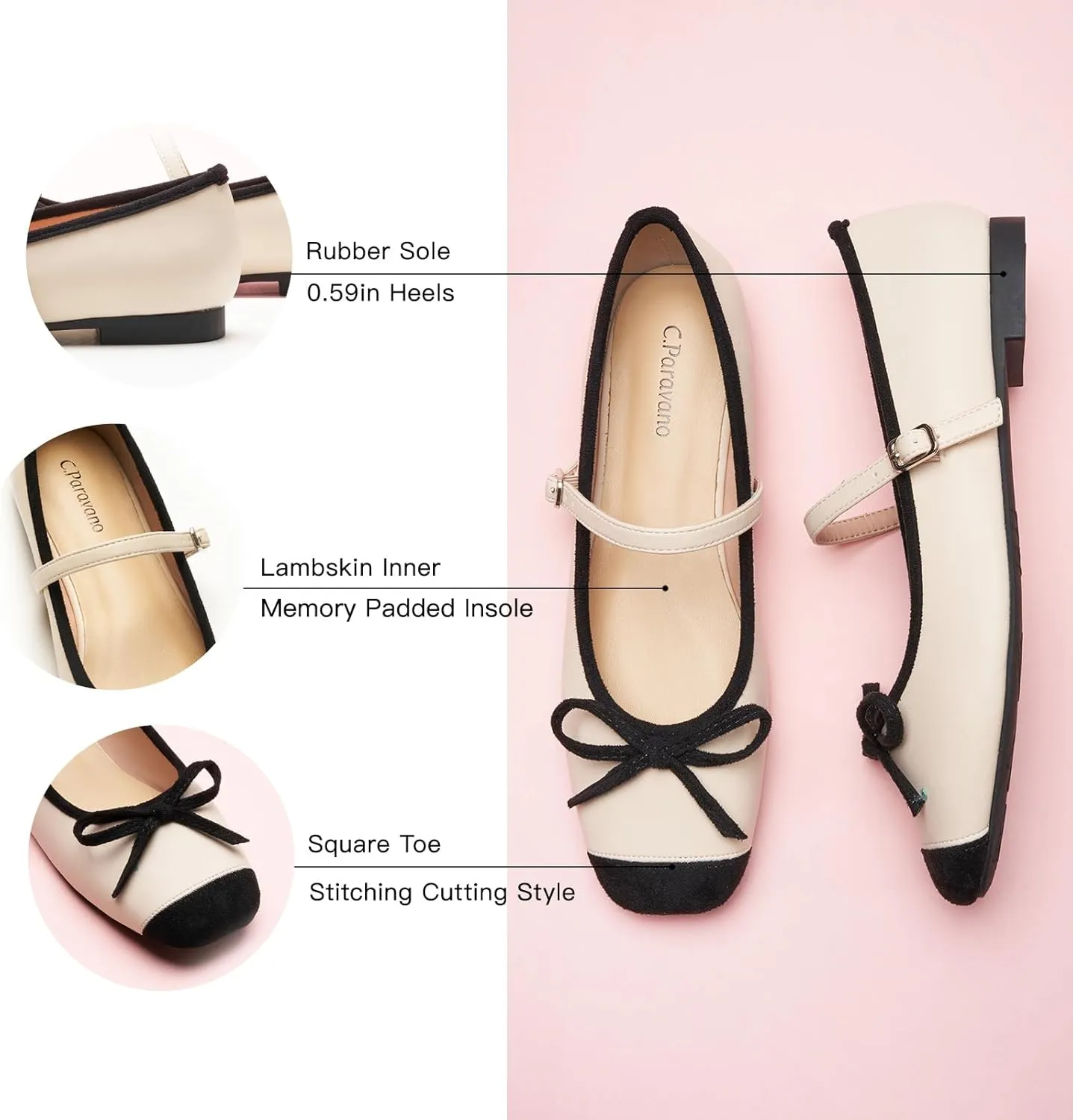 C. Paravano Women's Mary Jane Flats - Square Toe Bowknot Ballet Flats with Adjustable Strap, Comfortable Flats for Women, Office Work, Casual Walking and Dressy Occasions