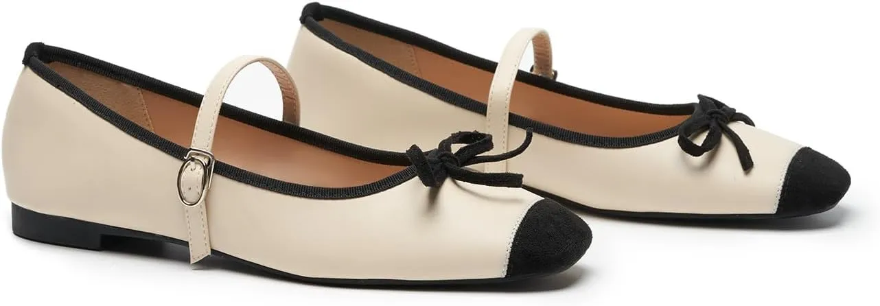 C. Paravano Women's Mary Jane Flats - Square Toe Bowknot Ballet Flats with Adjustable Strap, Comfortable Flats for Women, Office Work, Casual Walking and Dressy Occasions