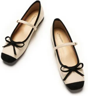 C. Paravano Women's Mary Jane Flats - Square Toe Bowknot Ballet Flats with Adjustable Strap, Comfortable Flats for Women, Office Work, Casual Walking and Dressy Occasions
