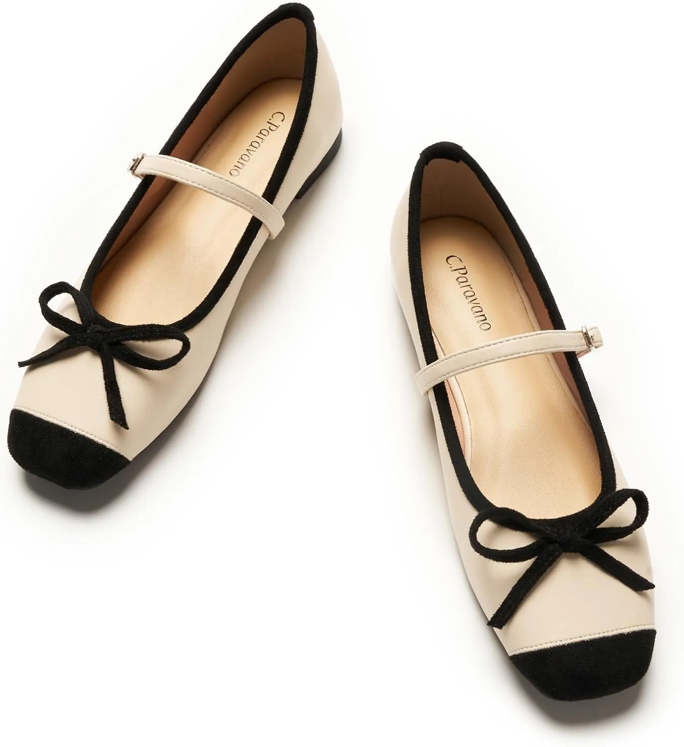 C. Paravano Women's Mary Jane Flats - Square Toe Bowknot Ballet Flats with Adjustable Strap, Comfortable Flats for Women, Office Work, Casual Walking and Dressy Occasions