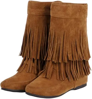 Caradise Womens Faux Suede 2 Layer Tassel Fringe Ankle Boots Flat Mid Calf Boots