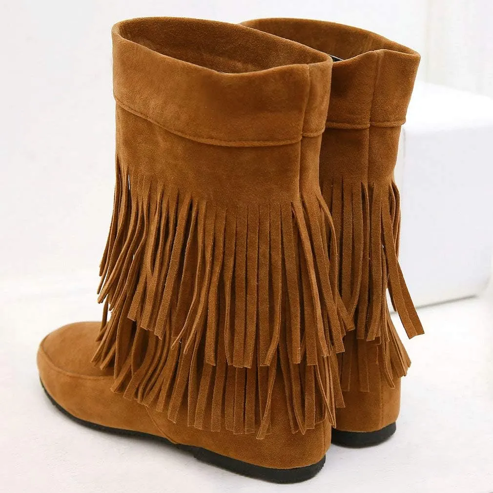 Caradise Womens Faux Suede 2 Layer Tassel Fringe Ankle Boots Flat Mid Calf Boots