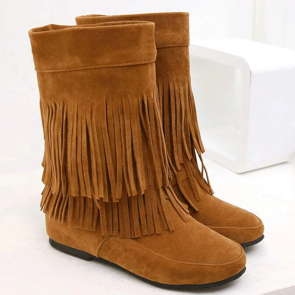 Caradise Womens Faux Suede 2 Layer Tassel Fringe Ankle Boots Flat Mid Calf Boots