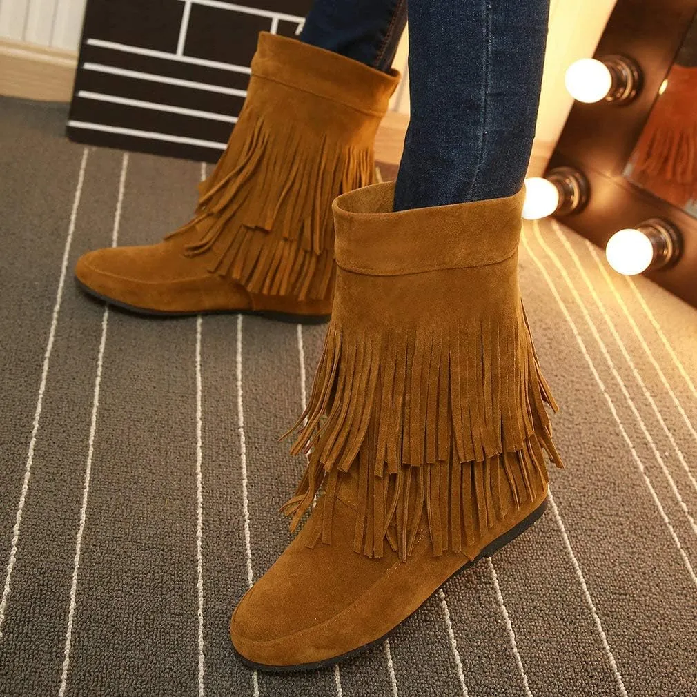 Caradise Womens Faux Suede 2 Layer Tassel Fringe Ankle Boots Flat Mid Calf Boots