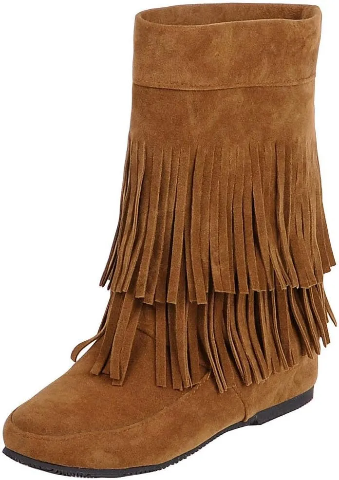 Caradise Womens Faux Suede 2 Layer Tassel Fringe Ankle Boots Flat Mid Calf Boots