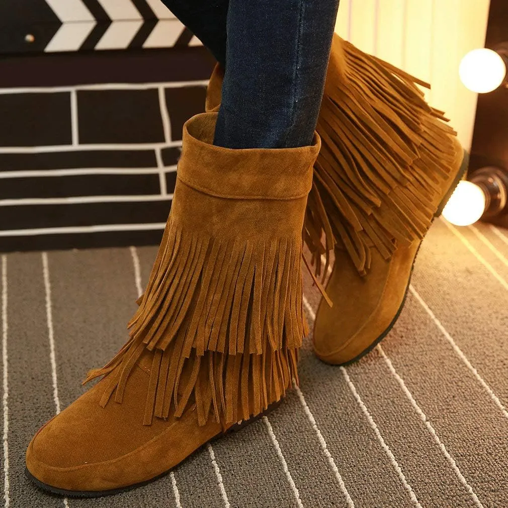 Caradise Womens Faux Suede 2 Layer Tassel Fringe Ankle Boots Flat Mid Calf Boots