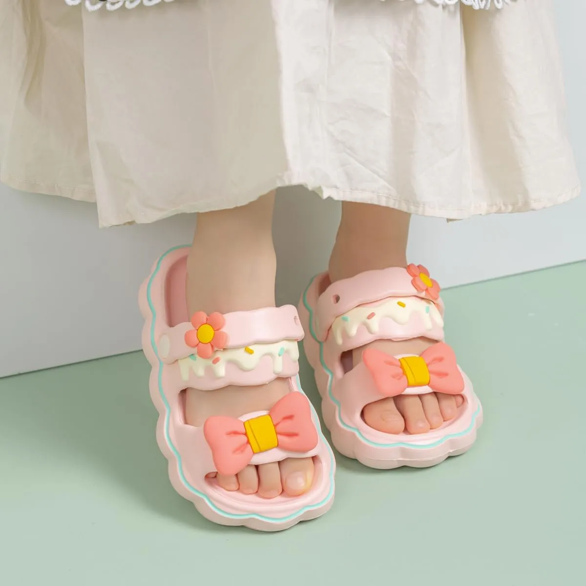 Casazoe Kids Girls EVA Sandals Princess Cute Bowknot Charms Garden Water Outdoor Beach Flats Slip-on Breathable Lightweight Indoor Shower Shoes