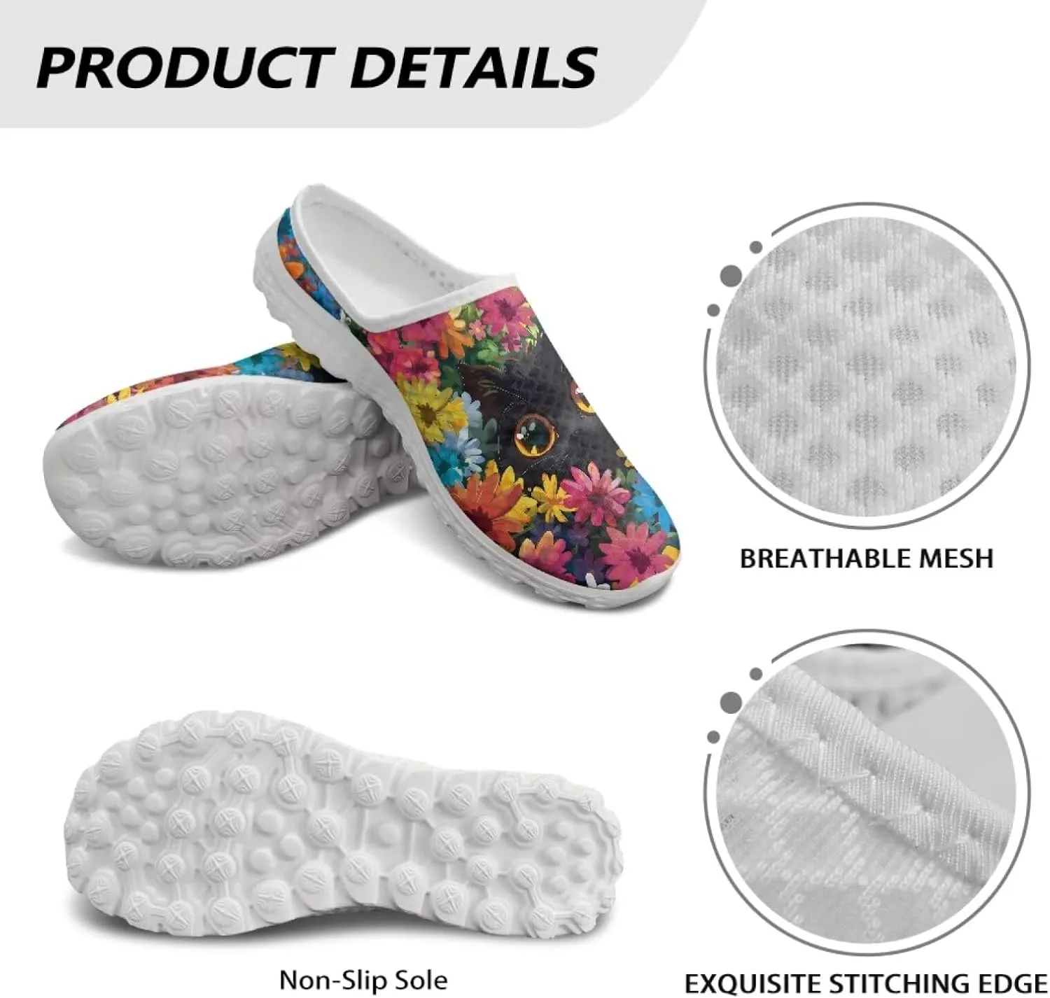 Cat Print Mule Shoes for Women Low Top Non Slip Garden Shoes Low Top Sneaker Breathable Casual Flats Mule Sneakers
