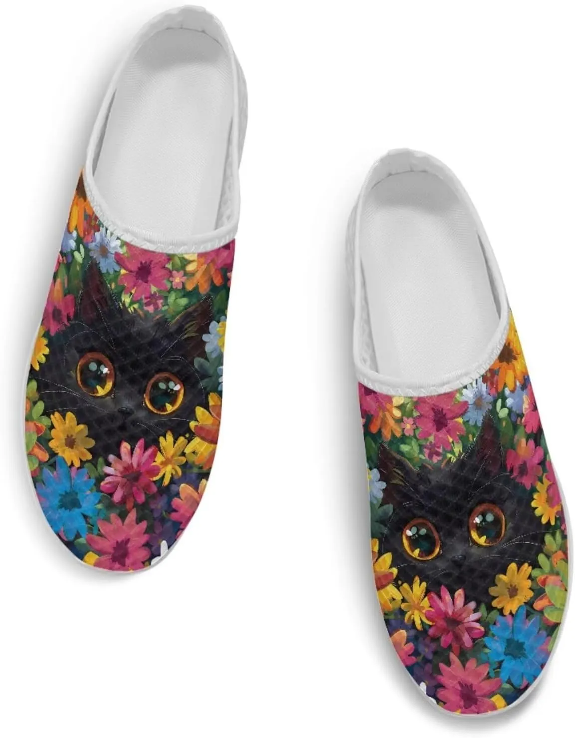 Cat Print Mule Shoes for Women Low Top Non Slip Garden Shoes Low Top Sneaker Breathable Casual Flats Mule Sneakers