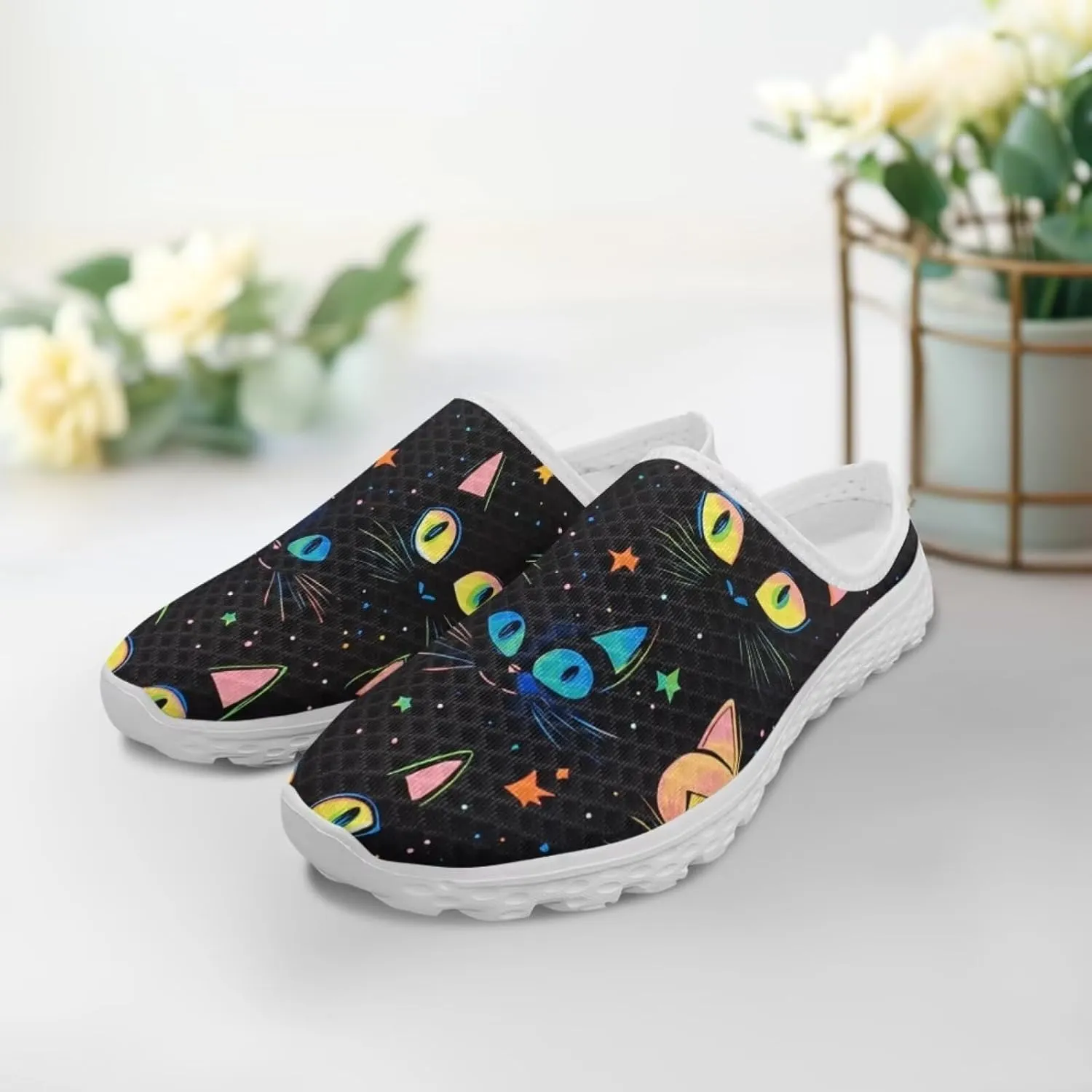 Cat Print Mule Shoes for Women Low Top Non Slip Garden Shoes Low Top Sneaker Breathable Casual Flats Mule Sneakers