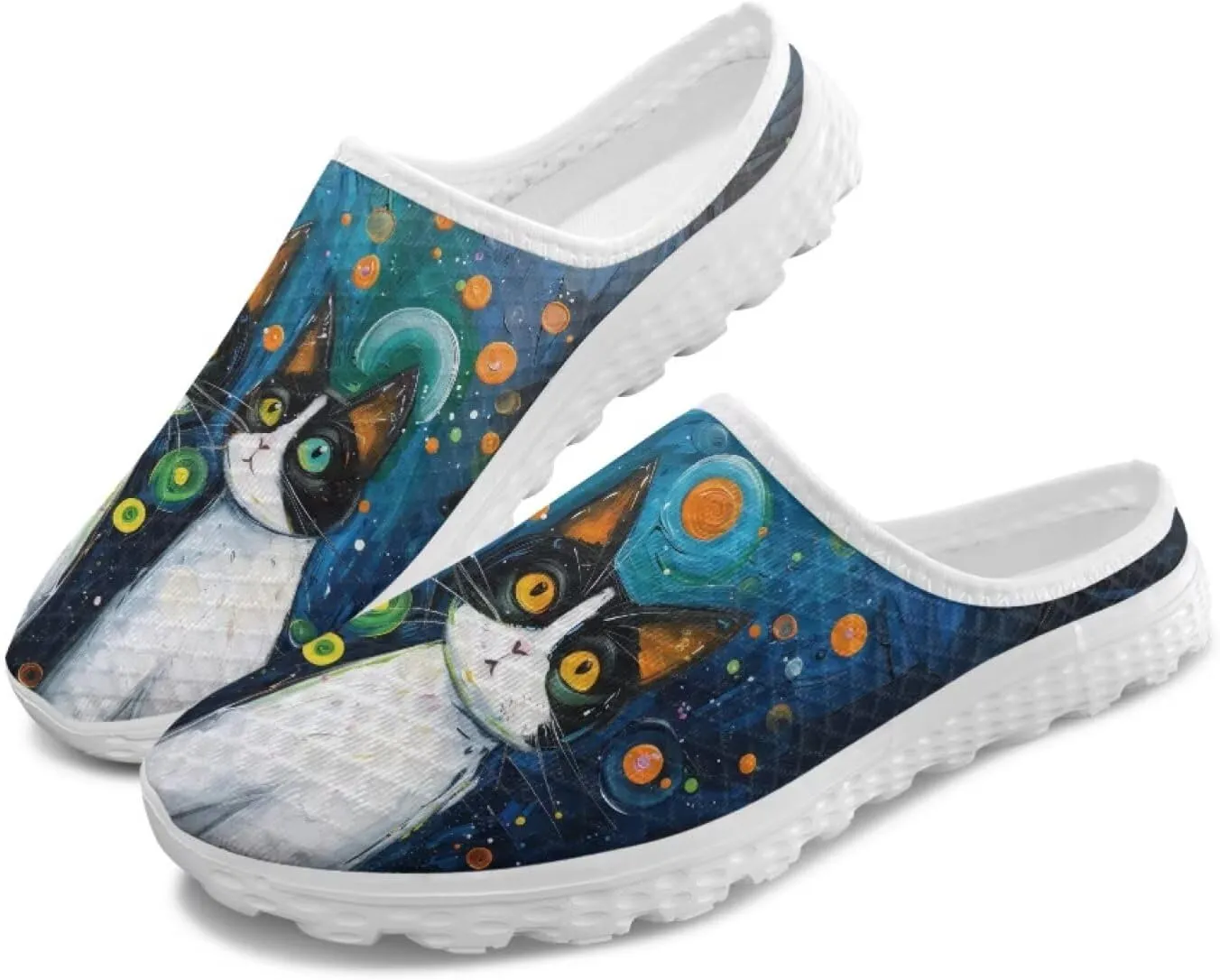 Cat Print Mule Shoes for Women Low Top Non Slip Garden Shoes Low Top Sneaker Breathable Casual Flats Mule Sneakers