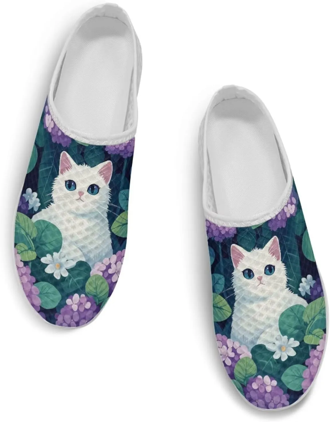 Cat Print Mule Shoes for Women Low Top Non Slip Garden Shoes Low Top Sneaker Breathable Casual Flats Mule Sneakers