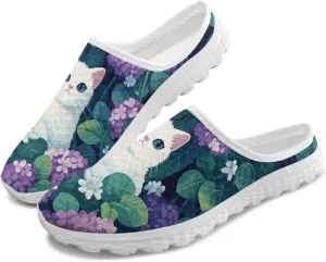 Cat Print Mule Shoes for Women Low Top Non Slip Garden Shoes Low Top Sneaker Breathable Casual Flats Mule Sneakers