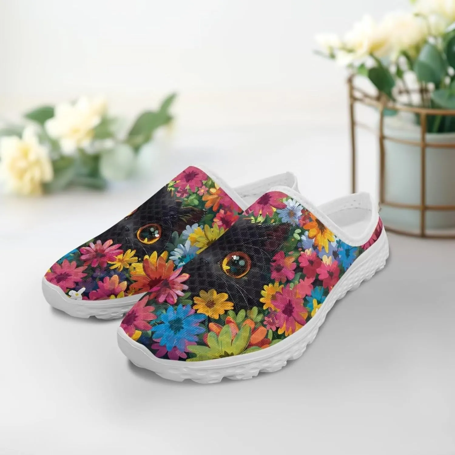 Cat Print Mule Shoes for Women Low Top Non Slip Garden Shoes Low Top Sneaker Breathable Casual Flats Mule Sneakers