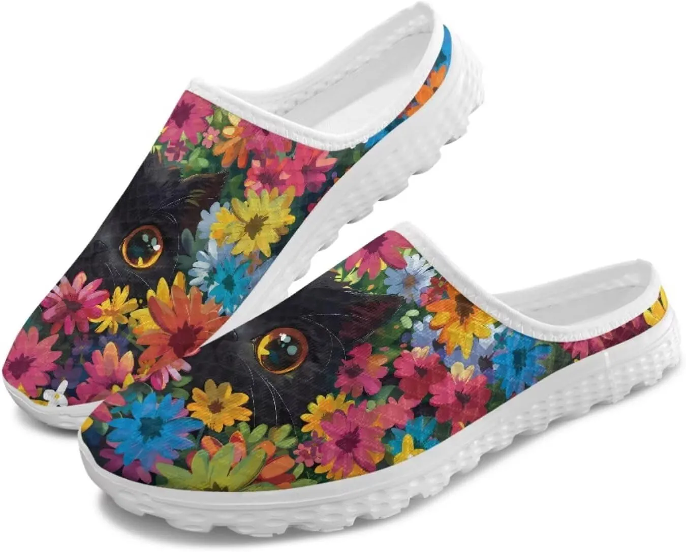 Cat Print Mule Shoes for Women Low Top Non Slip Garden Shoes Low Top Sneaker Breathable Casual Flats Mule Sneakers