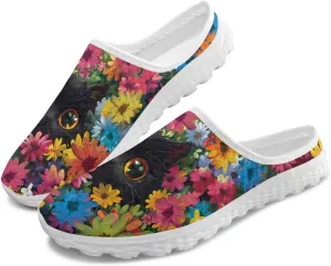Cat Print Mule Shoes for Women Low Top Non Slip Garden Shoes Low Top Sneaker Breathable Casual Flats Mule Sneakers