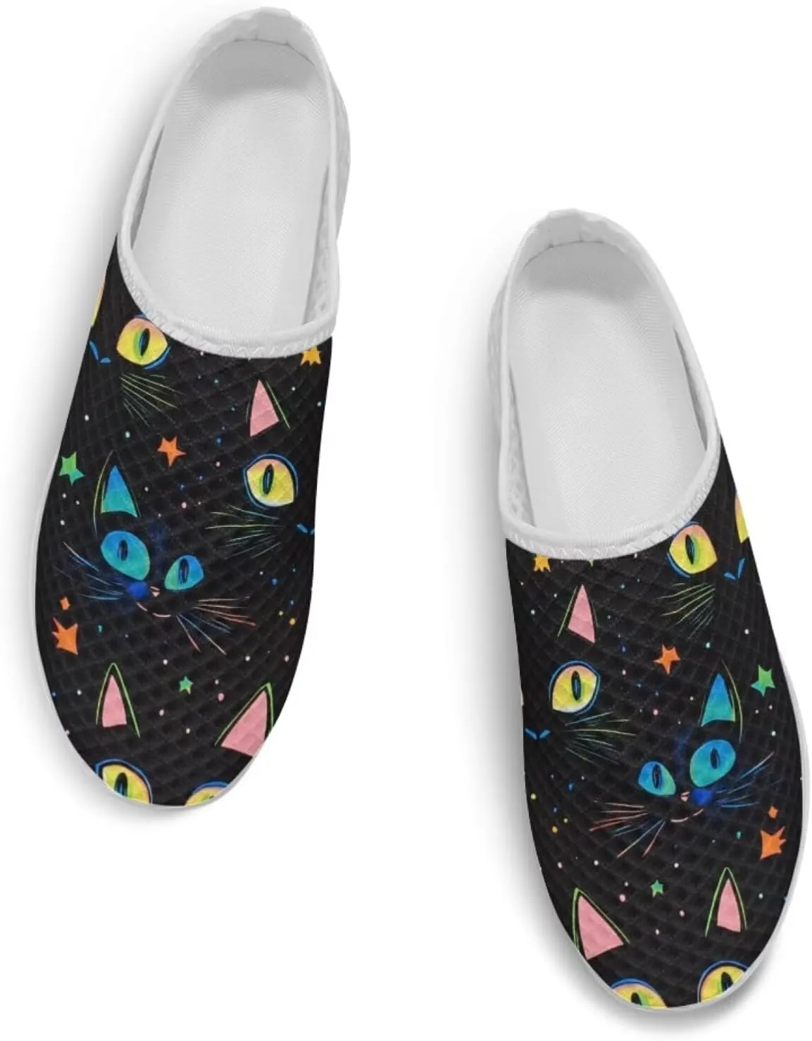 Cat Print Mule Shoes for Women Low Top Non Slip Garden Shoes Low Top Sneaker Breathable Casual Flats Mule Sneakers
