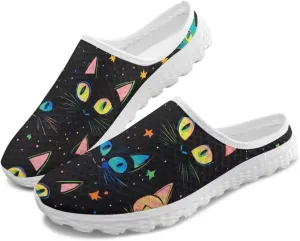 Cat Print Mule Shoes for Women Low Top Non Slip Garden Shoes Low Top Sneaker Breathable Casual Flats Mule Sneakers