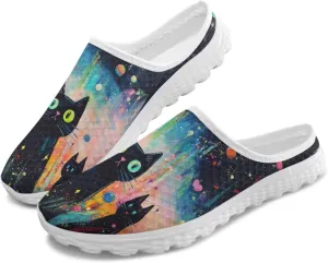 Cat Print Mule Shoes for Women Low Top Non Slip Garden Shoes Low Top Sneaker Breathable Casual Flats Mule Sneakers