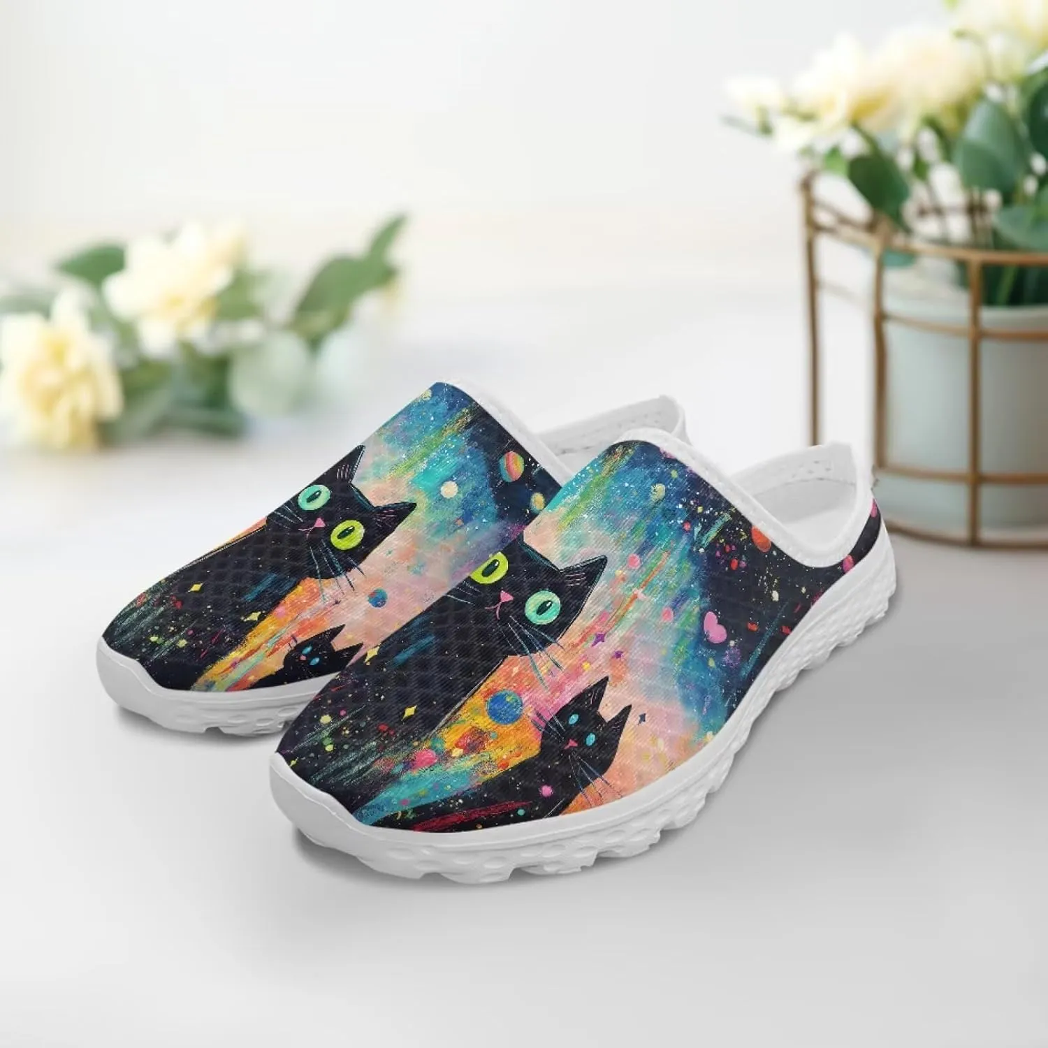 Cat Print Mule Shoes for Women Low Top Non Slip Garden Shoes Low Top Sneaker Breathable Casual Flats Mule Sneakers