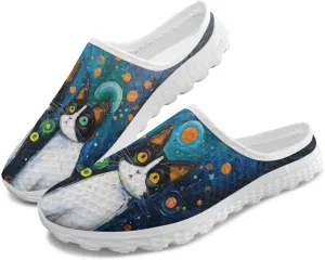Cat Print Mule Shoes for Women Low Top Non Slip Garden Shoes Low Top Sneaker Breathable Casual Flats Mule Sneakers