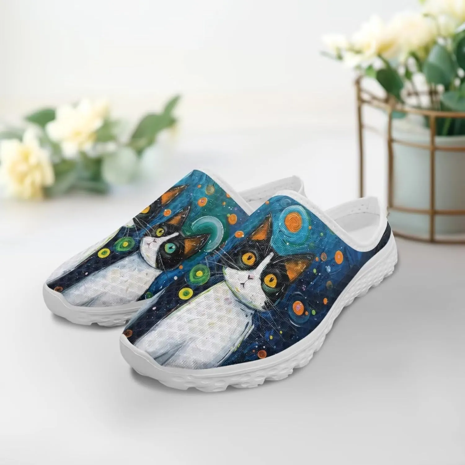 Cat Print Mule Shoes for Women Low Top Non Slip Garden Shoes Low Top Sneaker Breathable Casual Flats Mule Sneakers