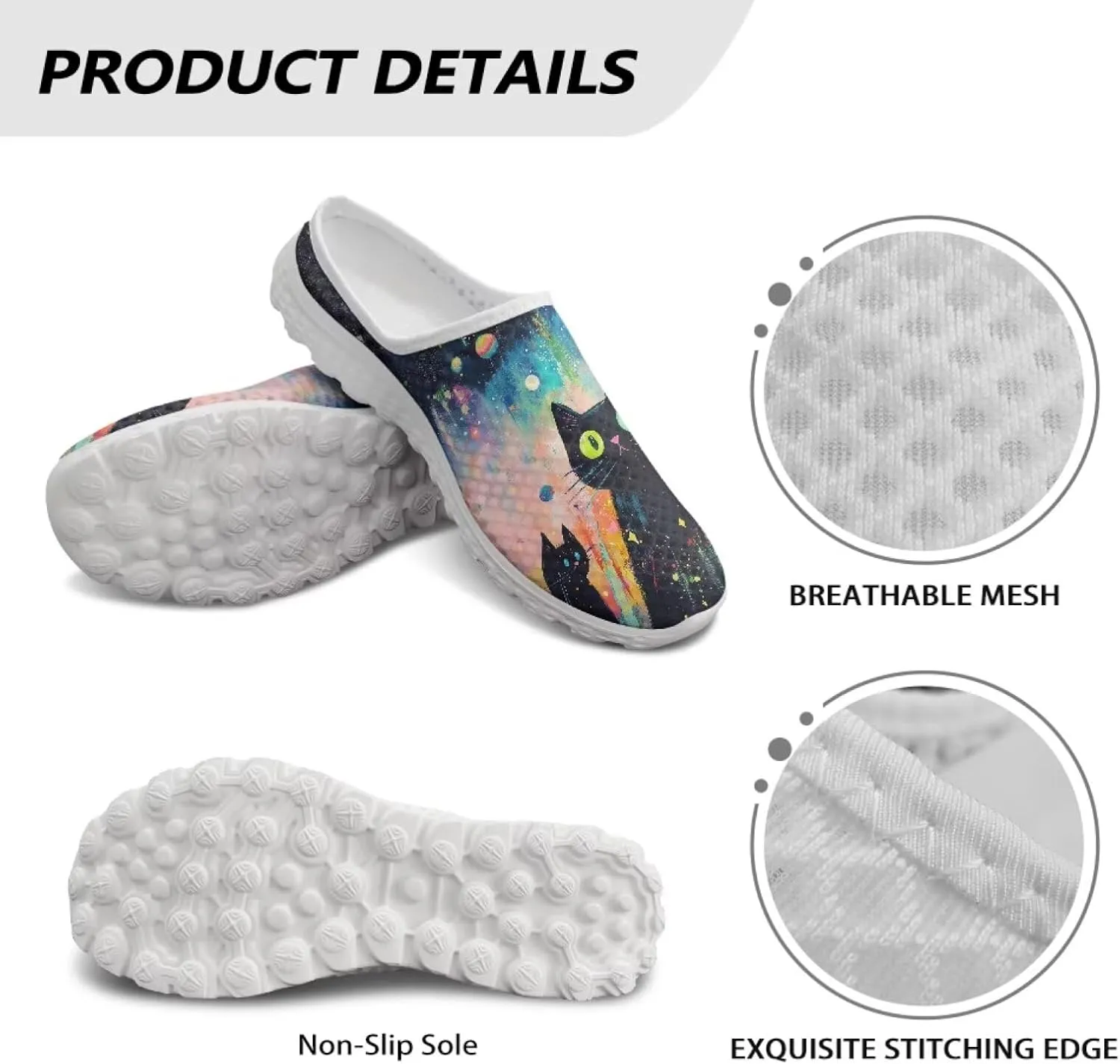 Cat Print Mule Shoes for Women Low Top Non Slip Garden Shoes Low Top Sneaker Breathable Casual Flats Mule Sneakers