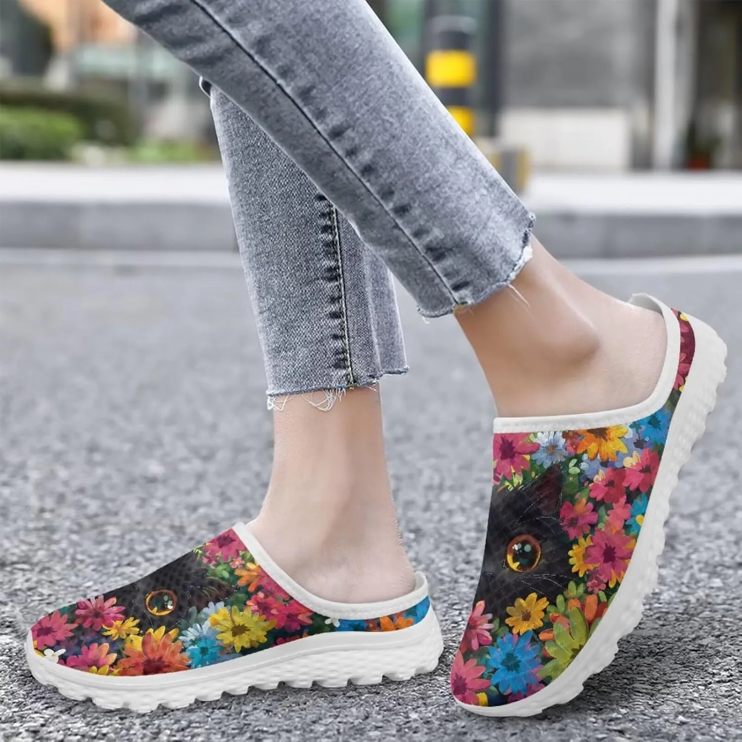 Cat Print Mule Shoes for Women Low Top Non Slip Garden Shoes Low Top Sneaker Breathable Casual Flats Mule Sneakers