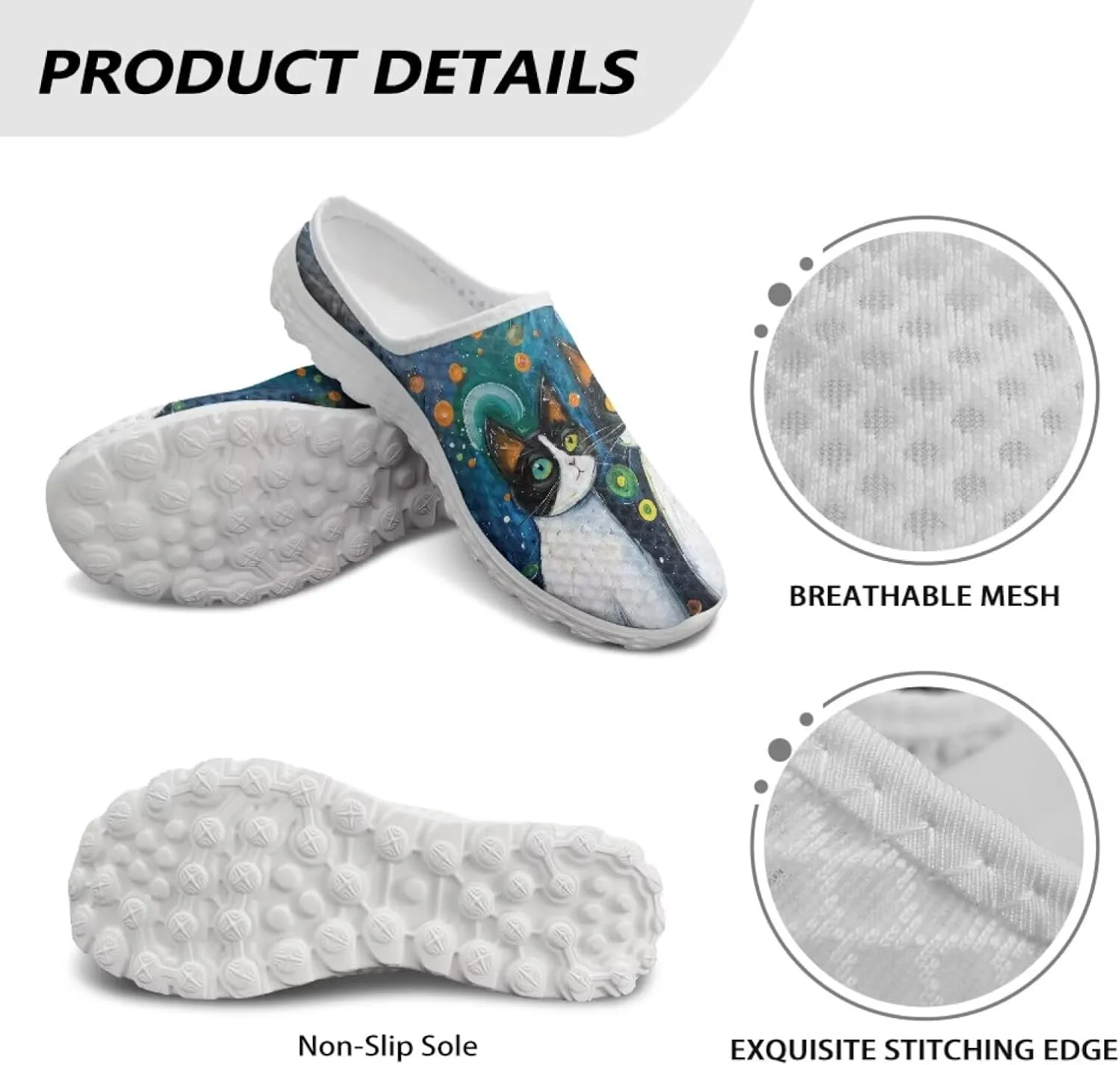 Cat Print Mule Shoes for Women Low Top Non Slip Garden Shoes Low Top Sneaker Breathable Casual Flats Mule Sneakers