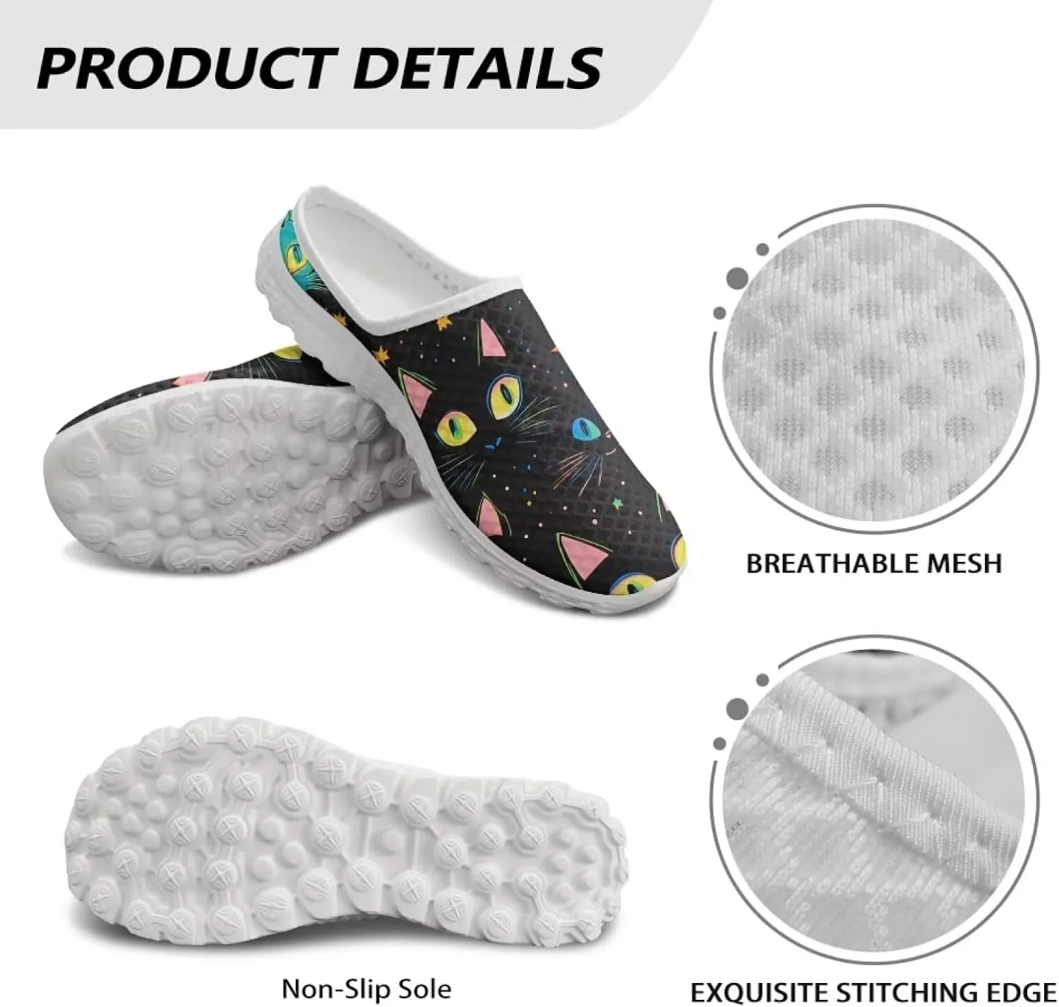 Cat Print Mule Shoes for Women Low Top Non Slip Garden Shoes Low Top Sneaker Breathable Casual Flats Mule Sneakers