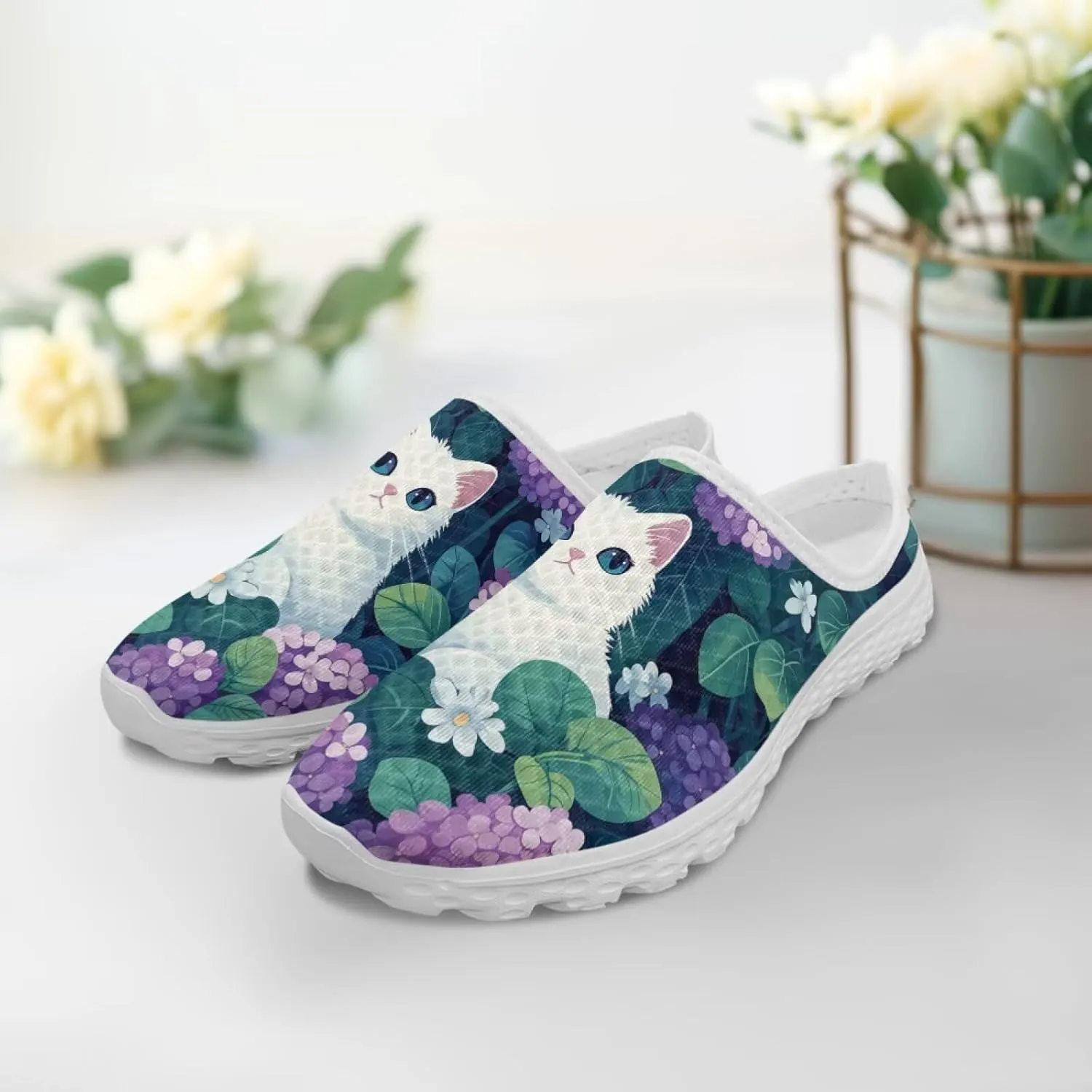 Cat Print Mule Shoes for Women Low Top Non Slip Garden Shoes Low Top Sneaker Breathable Casual Flats Mule Sneakers