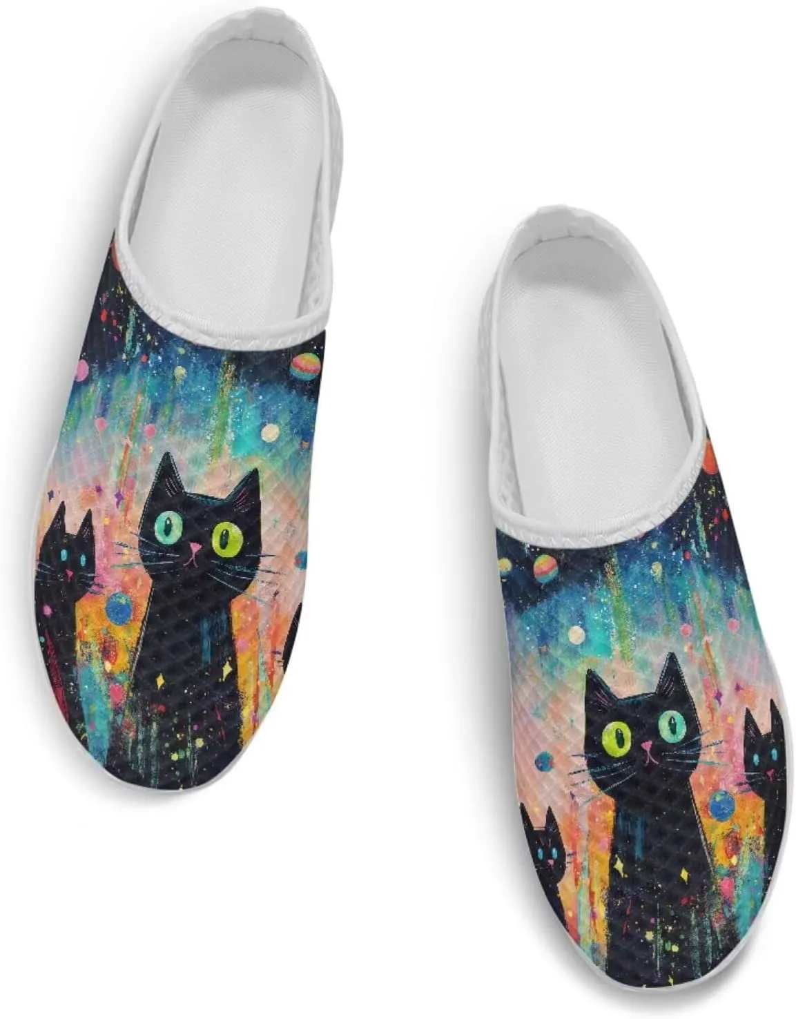 Cat Print Mule Shoes for Women Low Top Non Slip Garden Shoes Low Top Sneaker Breathable Casual Flats Mule Sneakers