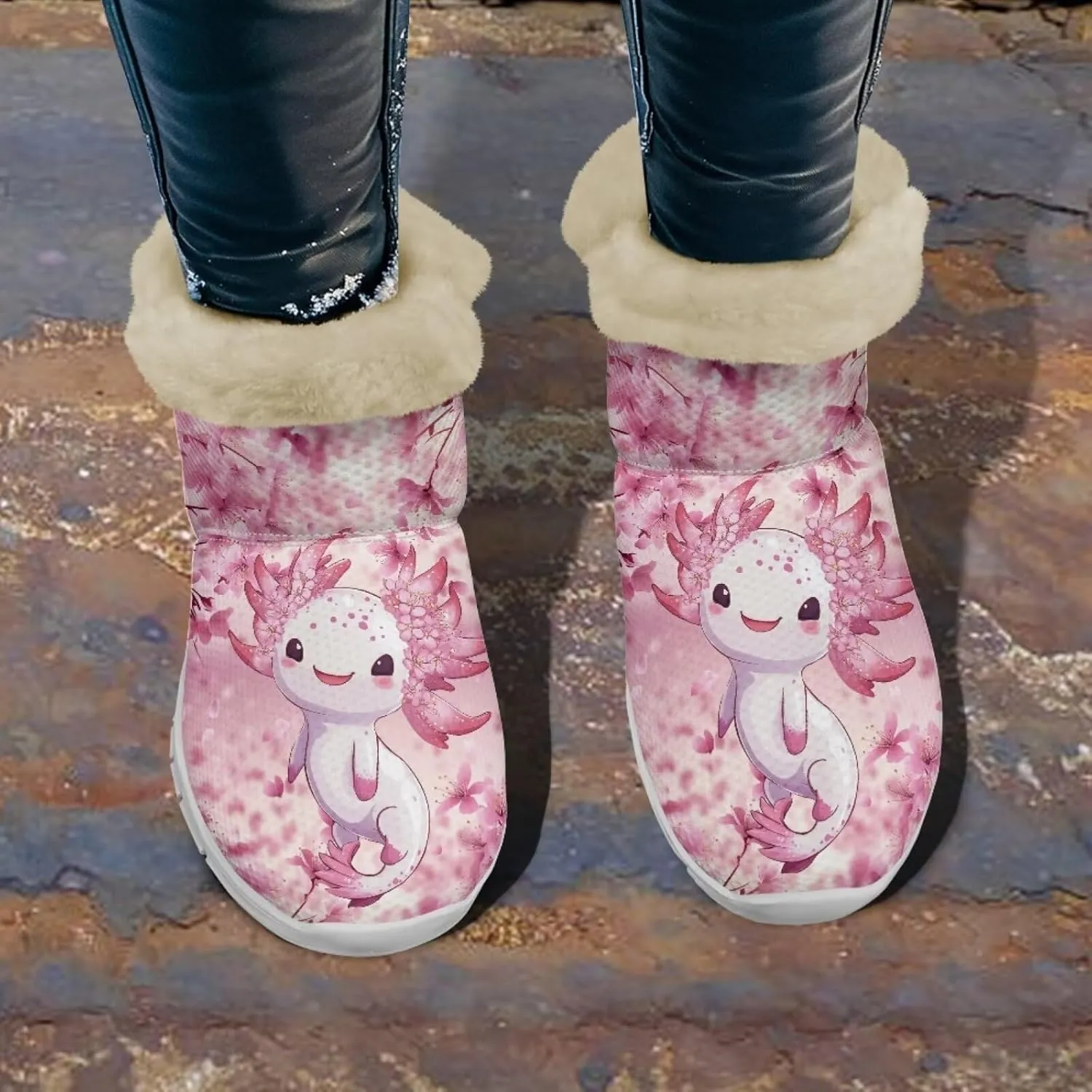 chaqlin Axolotl Snow Boots Winter Ankle Warm Boots Non Slip Sole for Women Wide Casual Outdoor Work Boots Soft Flannel Plush Lightweight Flat Heels Boots