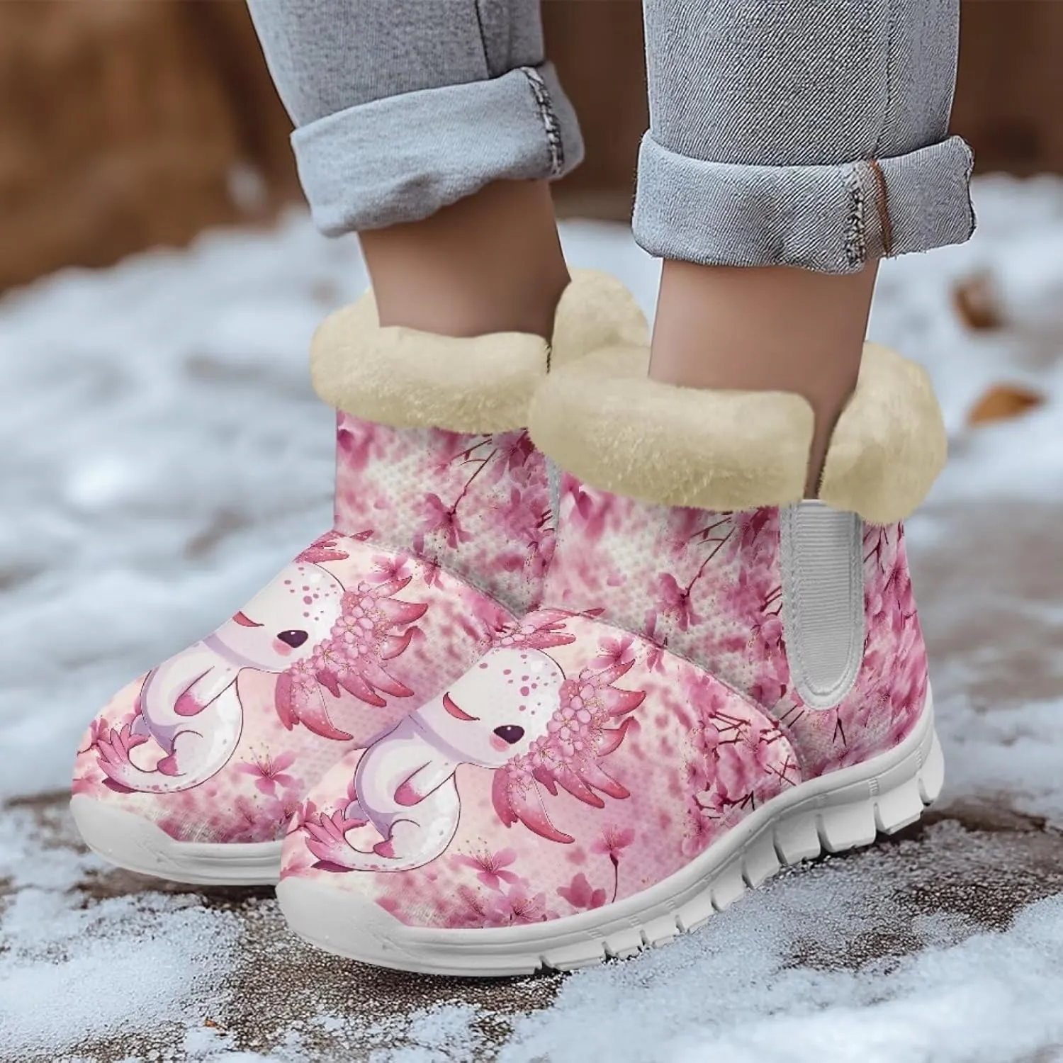 chaqlin Axolotl Snow Boots Winter Ankle Warm Boots Non Slip Sole for Women Wide Casual Outdoor Work Boots Soft Flannel Plush Lightweight Flat Heels Boots