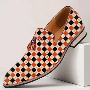 Checkered Leather Orange and Slip-On Exclusive products Men's White Loafers Stock-clearance