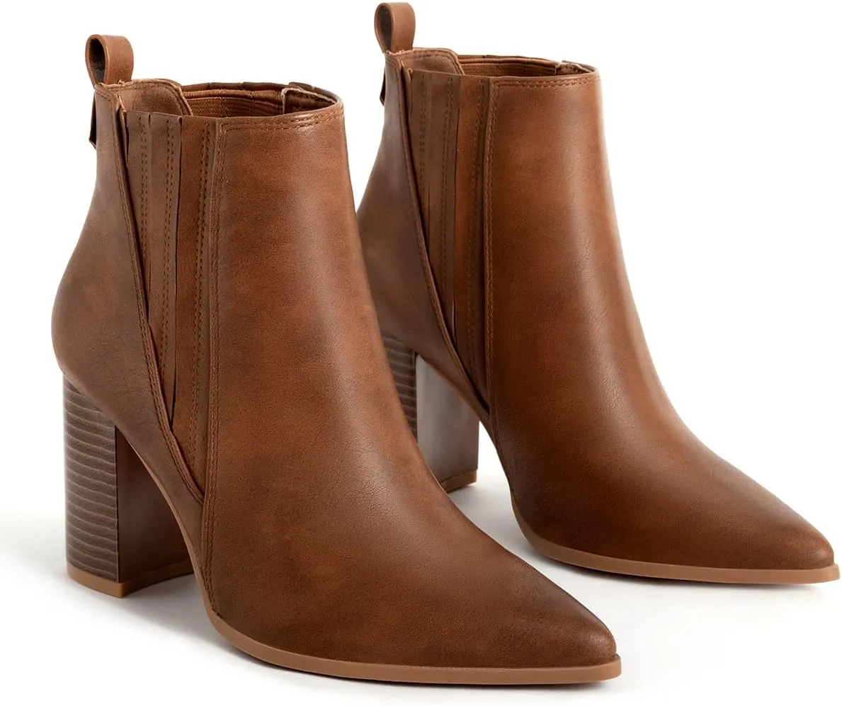 Chelsea Ankle Boots for Women Chunky Block Heel Booties Pointed Toe Stack Heel Brown Black Boots Dress Shoes Elastic Gore Slip On Comfortable Chelsea Boots
