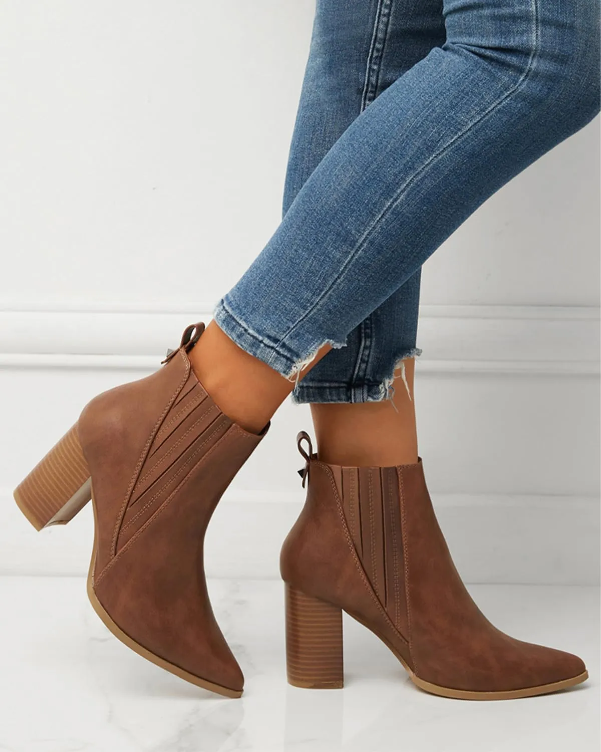 Chelsea Ankle Boots for Women Chunky Block Heel Booties Pointed Toe Stack Heel Brown Black Boots Dress Shoes Elastic Gore Slip On Comfortable Chelsea Boots