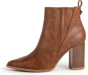 Chelsea Ankle Boots for Women Chunky Block Heel Booties Pointed Toe Stack Heel Brown Black Boots Dress Shoes Elastic Gore Slip On Comfortable Chelsea Boots