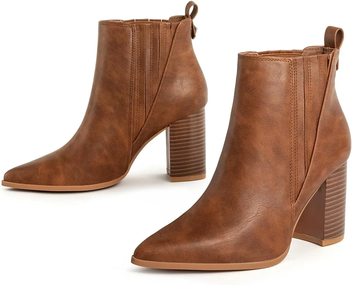 Chelsea Ankle Boots for Women Chunky Block Heel Booties Pointed Toe Stack Heel Brown Black Boots Dress Shoes Elastic Gore Slip On Comfortable Chelsea Boots