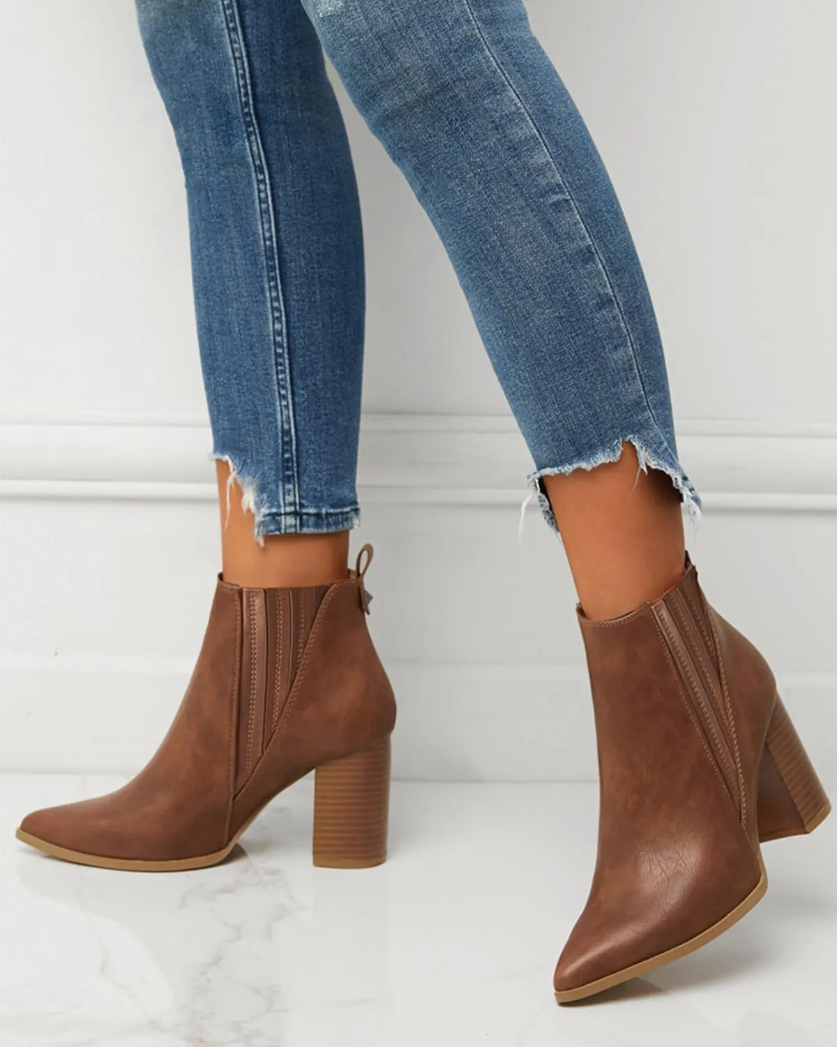 Chelsea Ankle Boots for Women Chunky Block Heel Booties Pointed Toe Stack Heel Brown Black Boots Dress Shoes Elastic Gore Slip On Comfortable Chelsea Boots